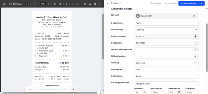 Belege werden in easybill automatisch ausgelesen und mit den wichtigsten Infos im System hinterlegt.