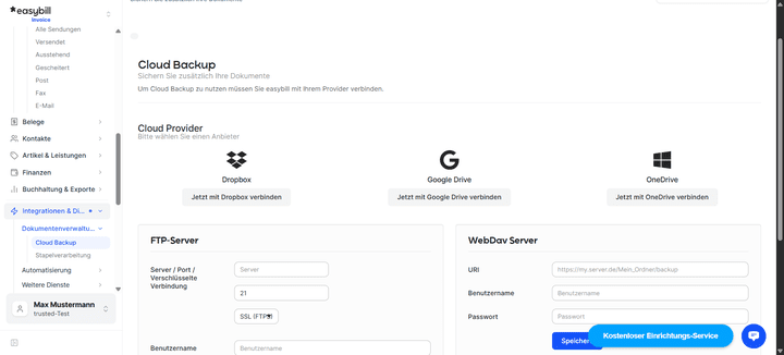easybill bringt unter anderem Schnittstellen zu Cloud-Speichern mit, hat aber noch viele weitere nützliche Integrationen.