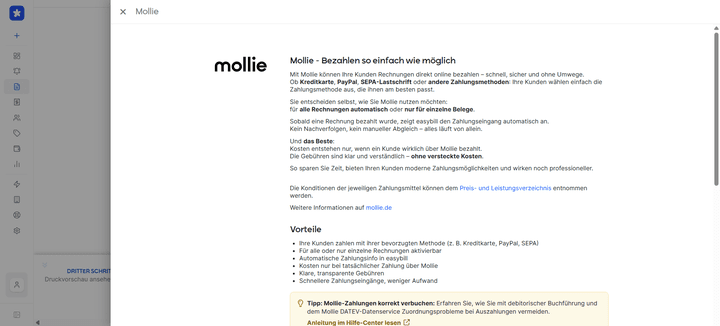 Ganz neu ist die Integration zum Zahlungsdienstleister Mollie.