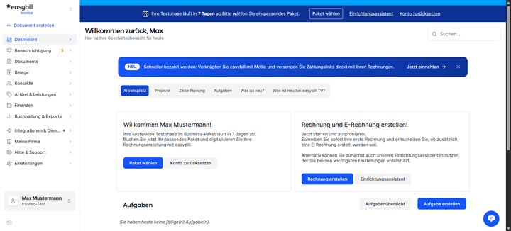 Ein Blick auf die Startseite von easybill.