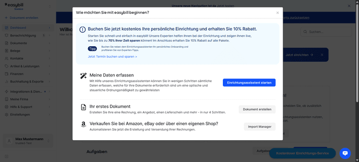 easybill unterstützt Sie bei der Ersteinrichtung Ihres Accounts.