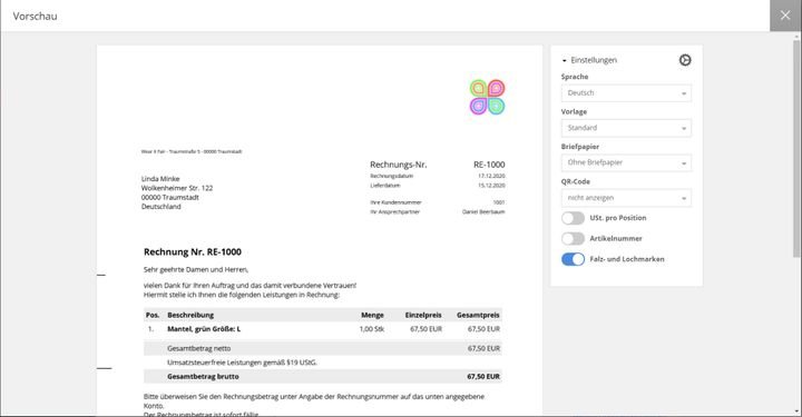 So könnte Ihre mit dem Testsieger sevdesk erstellte Rechnung aussehen