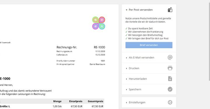 Rechnungen lassen sich beispielsweise per E-Mail verschicken oder exportieren und ausdrucken