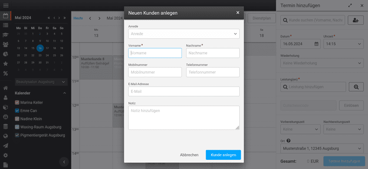 cituro lässt Sie schnell Kunden anlegen, ohne einen Menüwechsel zu verlangen