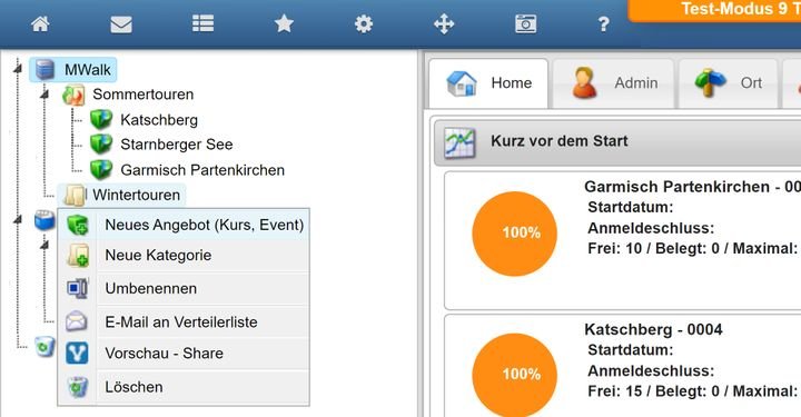 In der linken Baumstruktur organisieren Sie Ihr Angebot nach Kategorien und Events