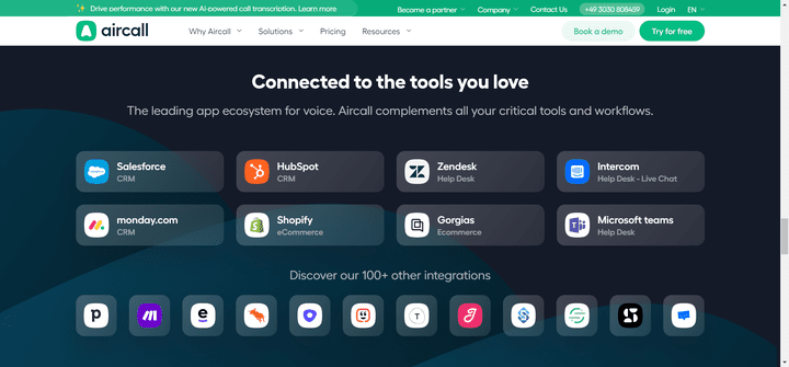 Aircall wartet mit über 80 Schnittstellen zu gängigen Softwarelösungen und Apps auf
