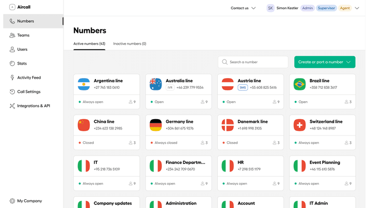 Mit Aircall kannst du Nummern aus über 100 Ländern in dein Call Center integrieren