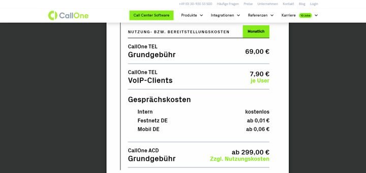 Ein Preisbeispiel für die verschiedenen Module von CallOne