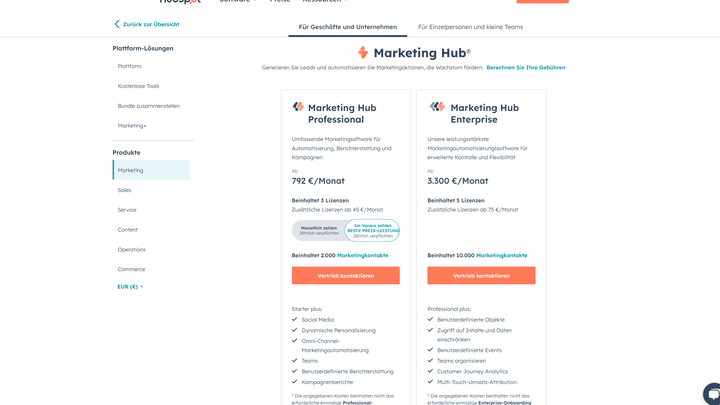 HubSpot bietet Chatbot-Lösung grundsätzlich kostenlos an. Für erweiterte Funktionen eignet sich der Marketinghub.