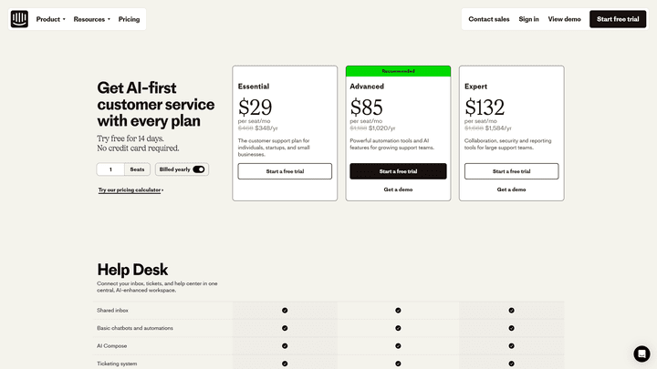 Ein Blick auf die verfügbaren Tarife und Preise von Intercom.