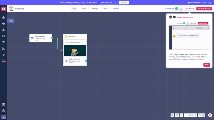 Der Chatbot-Editor ist einer der besten, die ich getestet habe und ähnlich gut wie der von ChatBot.