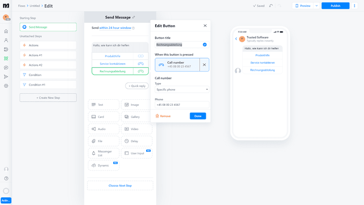 Der No-Code-Editor von Manychat ist komplex, aber bietet eine Vielzahl an Möglichkeiten für Chatbot-Flows!