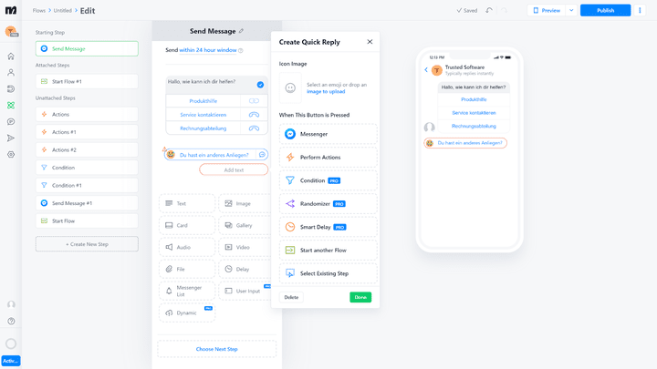 Mit dem direkt ausspielbaren Preview kannst du deine erstellten Chatbots sofort auf Richtigkeit prüfen.
