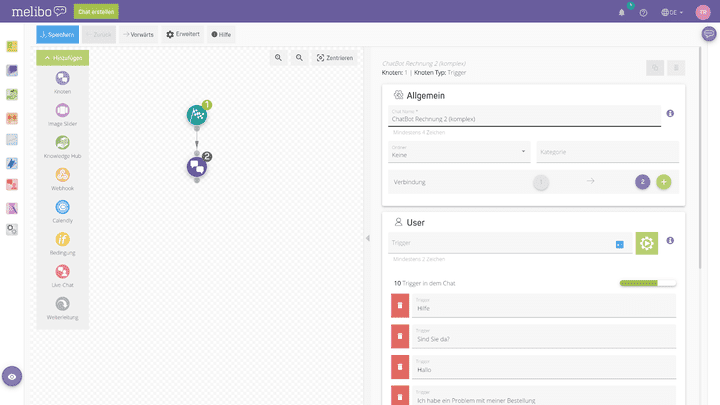 Im Bild gut sichtbar das Drag & Drop-Baukastenprinzip für die Erstellung von Chatflows.