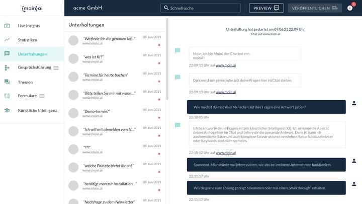 Der moinAI-Chatbot führt dank KI und natürlicher Sprachverarbeitung Gespräche mit Ihren Besucher:innen und beantwortet deren Fragen