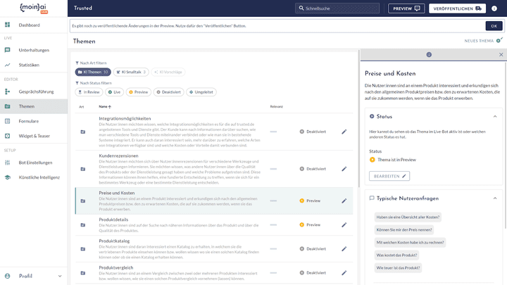 Wenn moinAI einmal ein Thema nicht kennt, kannst du das in wenigen Schritten hinzufügen, die KI lernt dann!