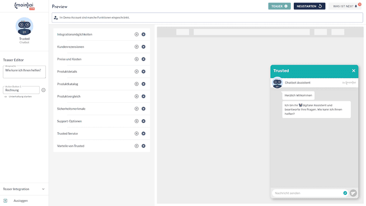 Mit der Preview-Funktion hast du die Möglichkeit, deine Chatbots auf Herz und Nieren zu testen