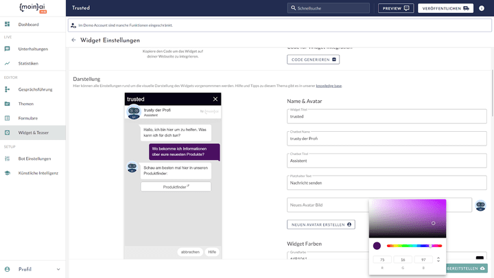 Für die Widget-Anpassung findest du in moinAI eine breite Palette an Optionen.