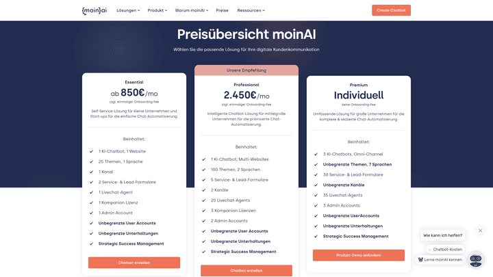 Ein Blick auf die Tarife von moinAI und das Pricing.