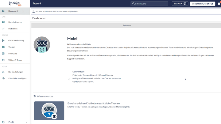moinAI ist eine KI-gestützte Chatbot-Software und lernt selbständig mit jeder Konversation dazu.