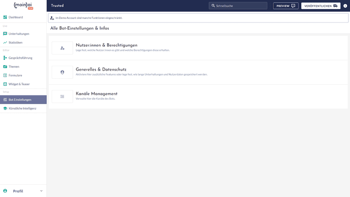 Du kannst neben dem Website-Chat weitere Kanäle mit moinAI bespielen und verwalten.