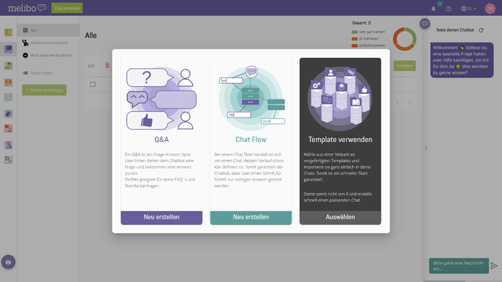Mit melibo kannst du schnell deine ersten eigenen Chatbots erstellen - oder du nutzt eine der knapp 90 Vorlagen.