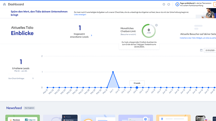 Die Chatbot-Performance kannst du mit allen Tarifen auswerten, erweiterte Metriken jedoch nur mit den Tarifen Communicator und Tidio+.