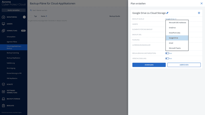 Auch Backups aus Cloud-Quellen sind mit Acronis möglich