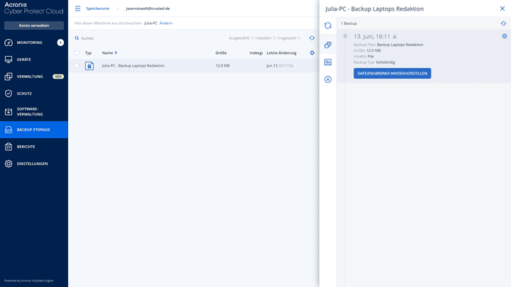 Acronis bietet noch weitere Optionen wie die Storage-Übersicht mit deinen Backup-Dateien