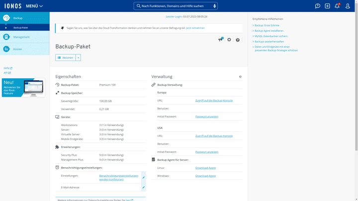 Die Hauptkonsole zeigt dir alle wichtigen Infos zu deinem Backup-Paket