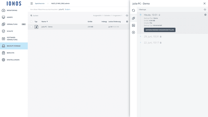 Im Backup-Storage findest du alle deine Sicherungen übersichtlich aufgelistet