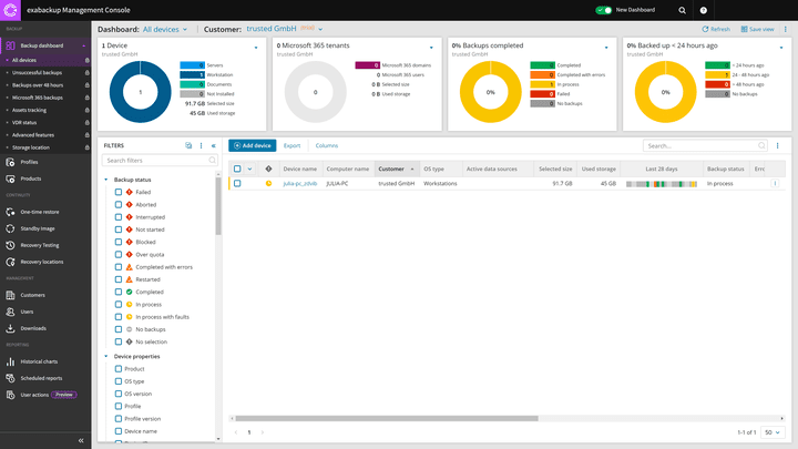 exabackup überzeugt mit einem genauen und übersichtlichen Reporting