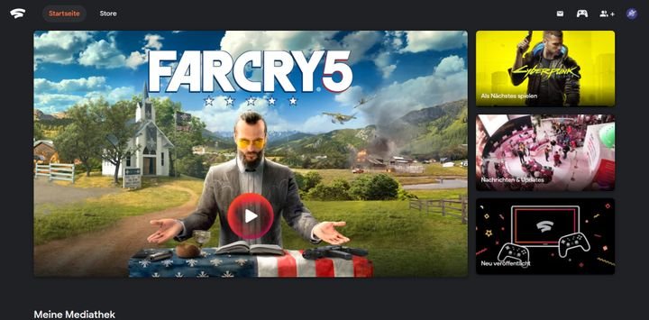Die Oberfläche von Google Stadia wartet mit großen Kacheln und einer übersichtlichen Mediathek auf