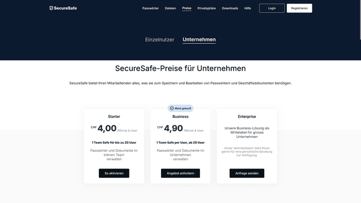 Die Preise von SecureSafe für Business-Nutzer:innen im Überblick