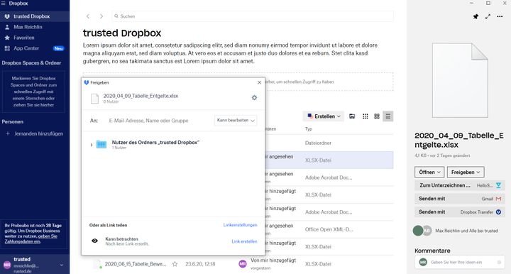 Um Dateien mit deinem Team zu teilen, gibst du sie einfach in Dropbox frei