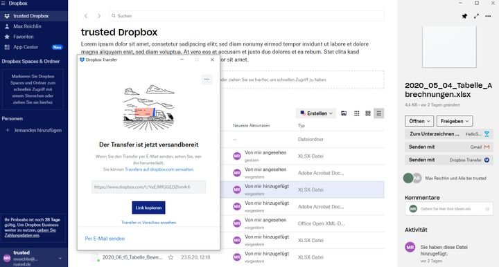 Mit Dropbox Transfer verschickst du Dateien aus der Dropbox an externe Empfänger ohne Dropbox-Account