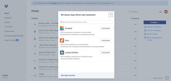Um Dateien wie Dokumente und Videos zu bearbeiten, benötigst du bei Dropbox extra Tools, die du hier hinzufügen kannst
