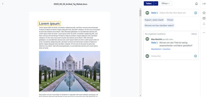 In Dropbox kannst du Kommentare und Notizen auf Dokumenten hinterlassen