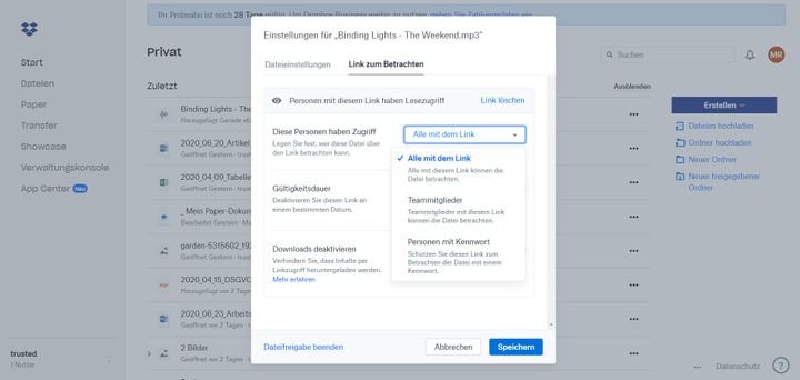 Deine Freigabe- und Transfer-Links lassen sich durch Passwörter oder Ablauffristen konfigurieren