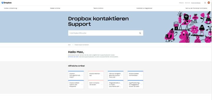 Im Supportcenter von Dropbox findest du häufig gestellte Fragen und nützliche Tutorials