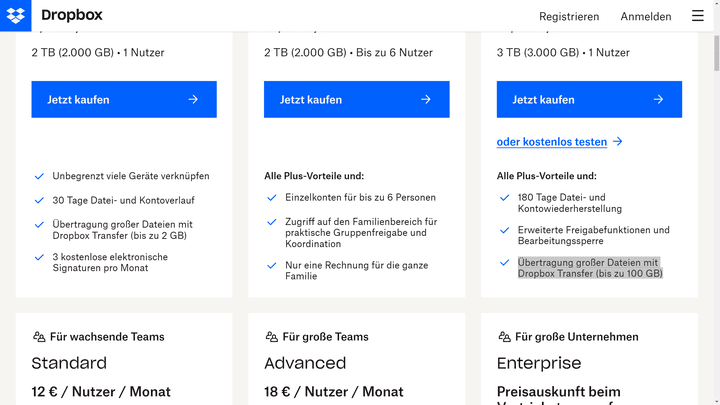 Prüfen Sie das Limit der Dateigröße, die Sie mit dem jeweiligen Anbieter versenden können