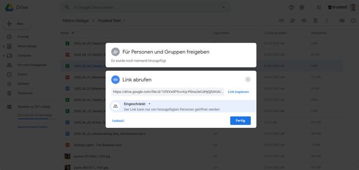 Der Freigabeprozess bei Google Drive funktioniert per Freigabelink oder per E-Mail für Personen in deinem Drive