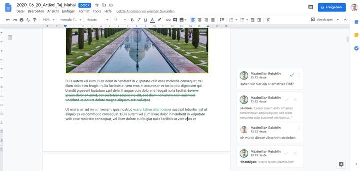 Die Vorschlags- und Kommentarfunktion hilft dir, im Team gemeinsam an Dokumenten zu arbeiten