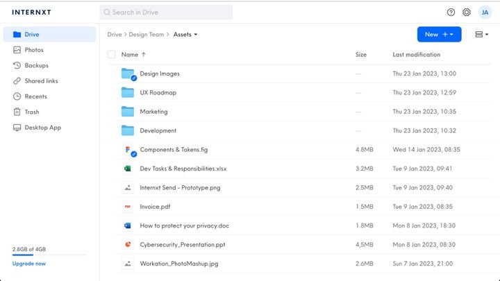 Die Ordnerübersicht von Internxt