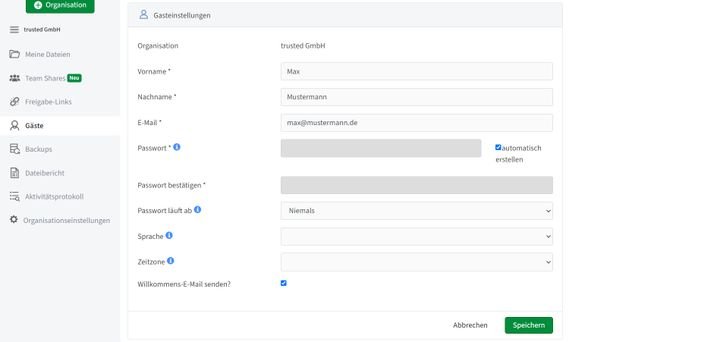 Legen Sie auf Wunsch unbegrenzt viele Gastzugänge in Ihrer Cloud an
