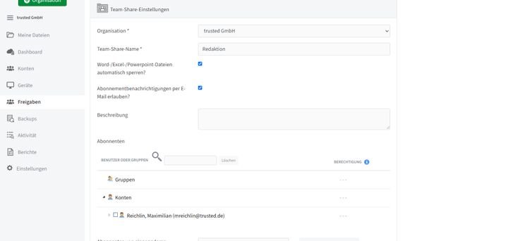 Team Shares lassen sich frei konfigurieren und mit individuellen Rechten und Regeln ausstatten