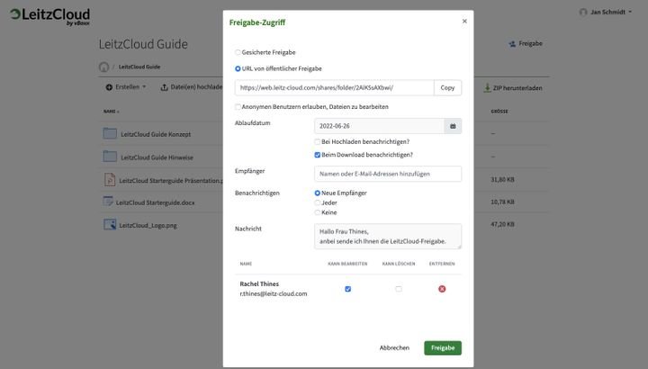 Dateien teilen Sie bei LeitzCloud über öffentliche oder private Freigabelinks