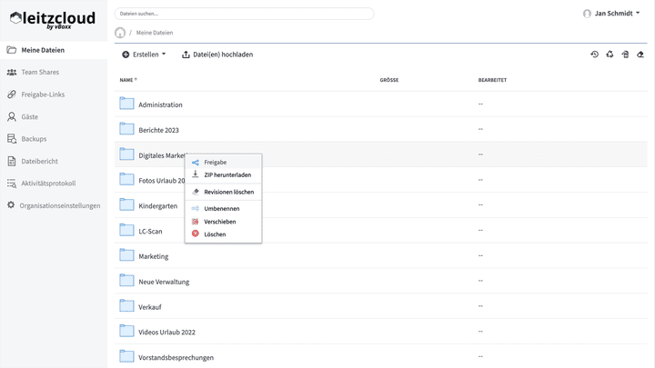 Die übersichtliche Web-Oberfläche der leitzcloud präsentiert dir alle deine Dateien in der Listenansicht