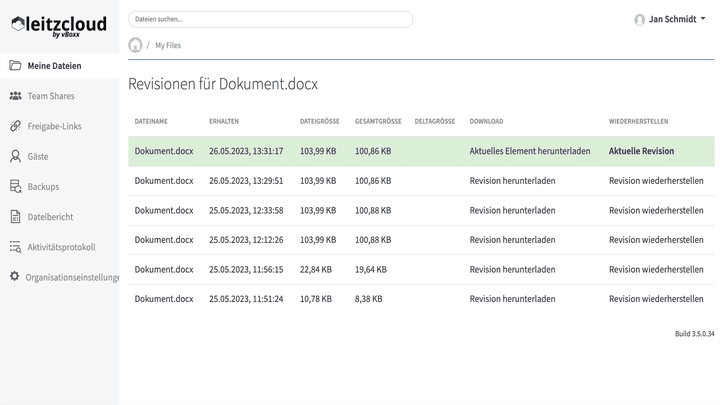 Die Versionshistorie von leitzcloud zeigt dir an, wer wann die letzte Änderung vorgenommen hat