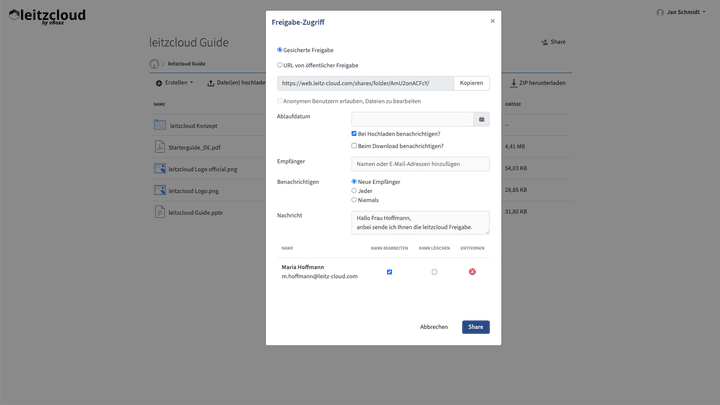 Dateien teilst du bei leitzcloud über öffentliche oder private Freigabelinks